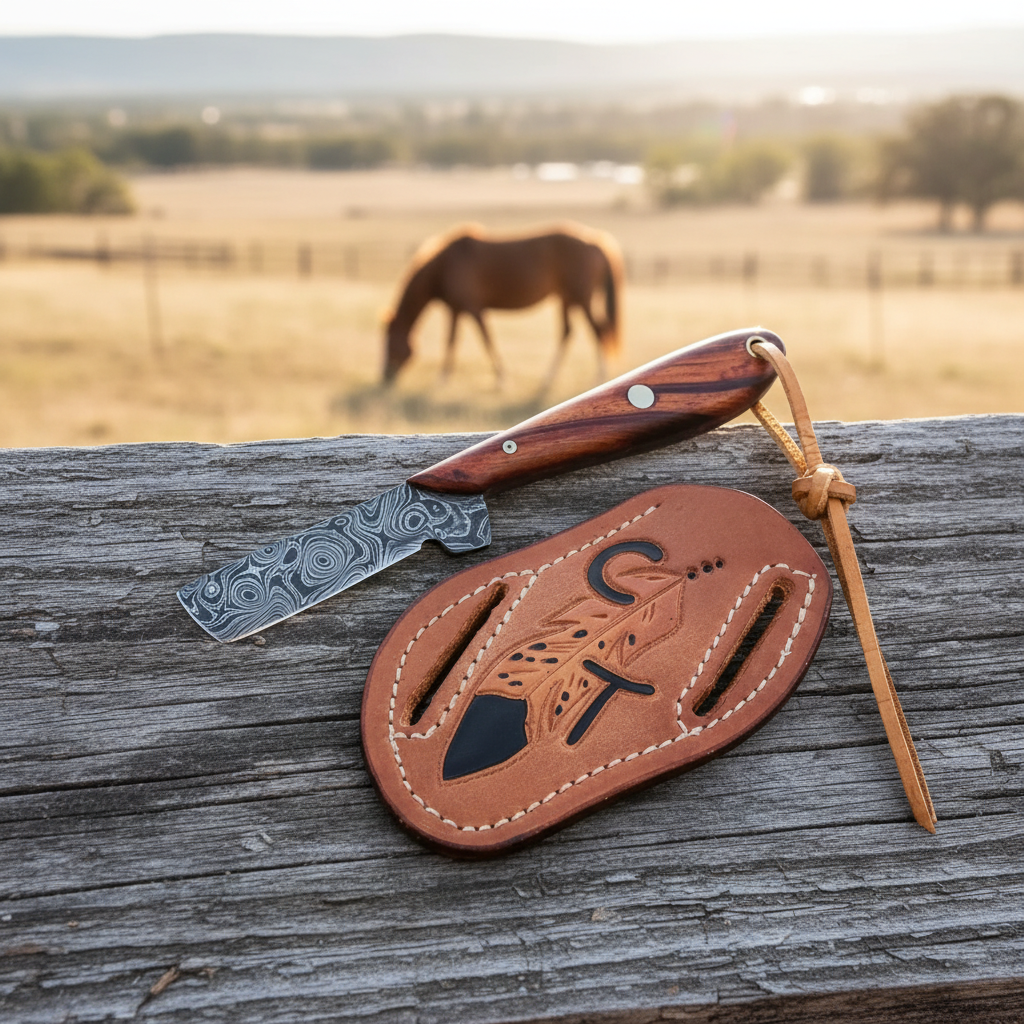Damascus Bull Cutter Knife with rose wood handle and separate leather pancake sheath on a ranch fence