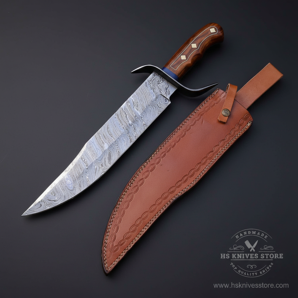 Damascus steel Bowie knife rosewood handle diamond brass inlays upswept quillon crossguard tan leather sheath dark charcoal studio background