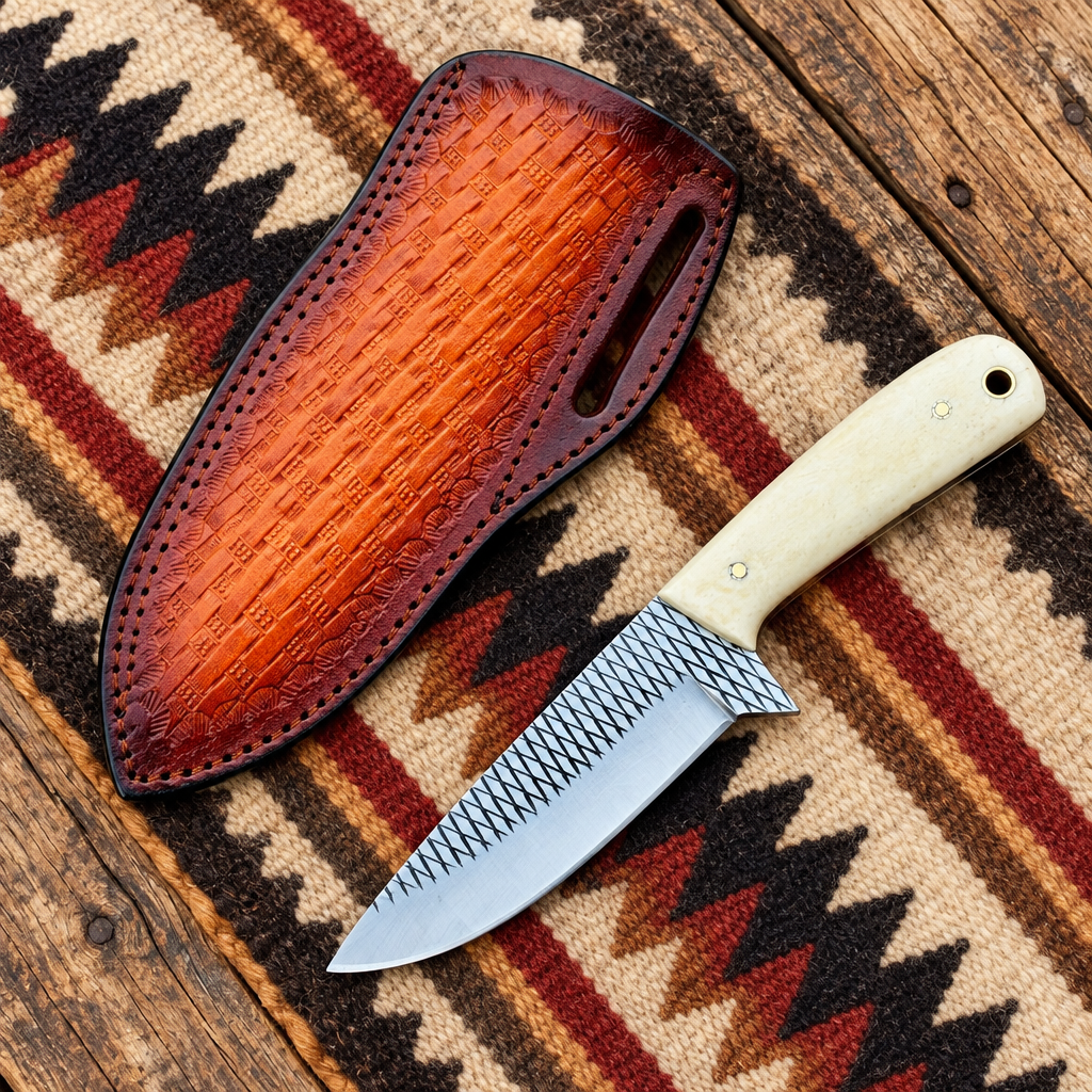 Top-down view of Cowboy Bush Knife and matching brown leather sheath on a western patterned blanket