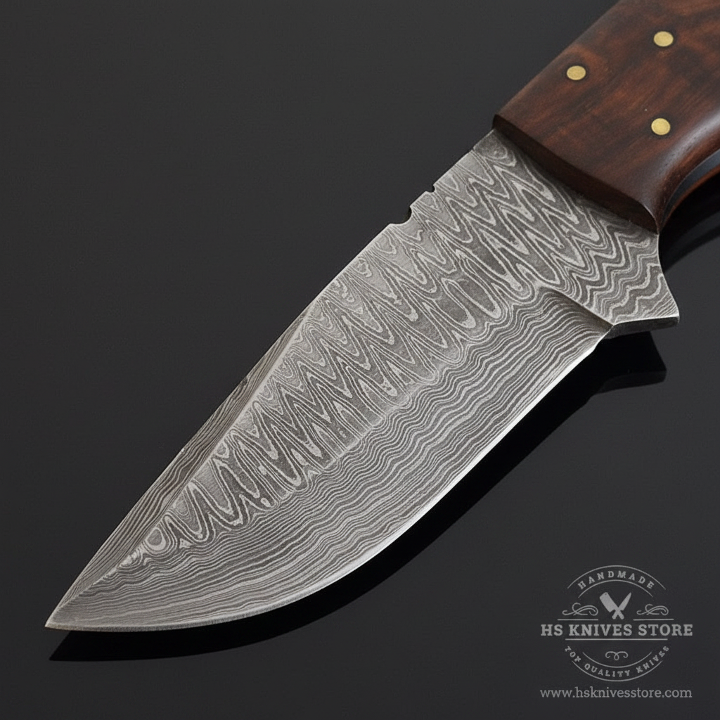 Close-up macro of Damascus steel skinner blade showing swirling wave layered Damascus pattern and polished edge