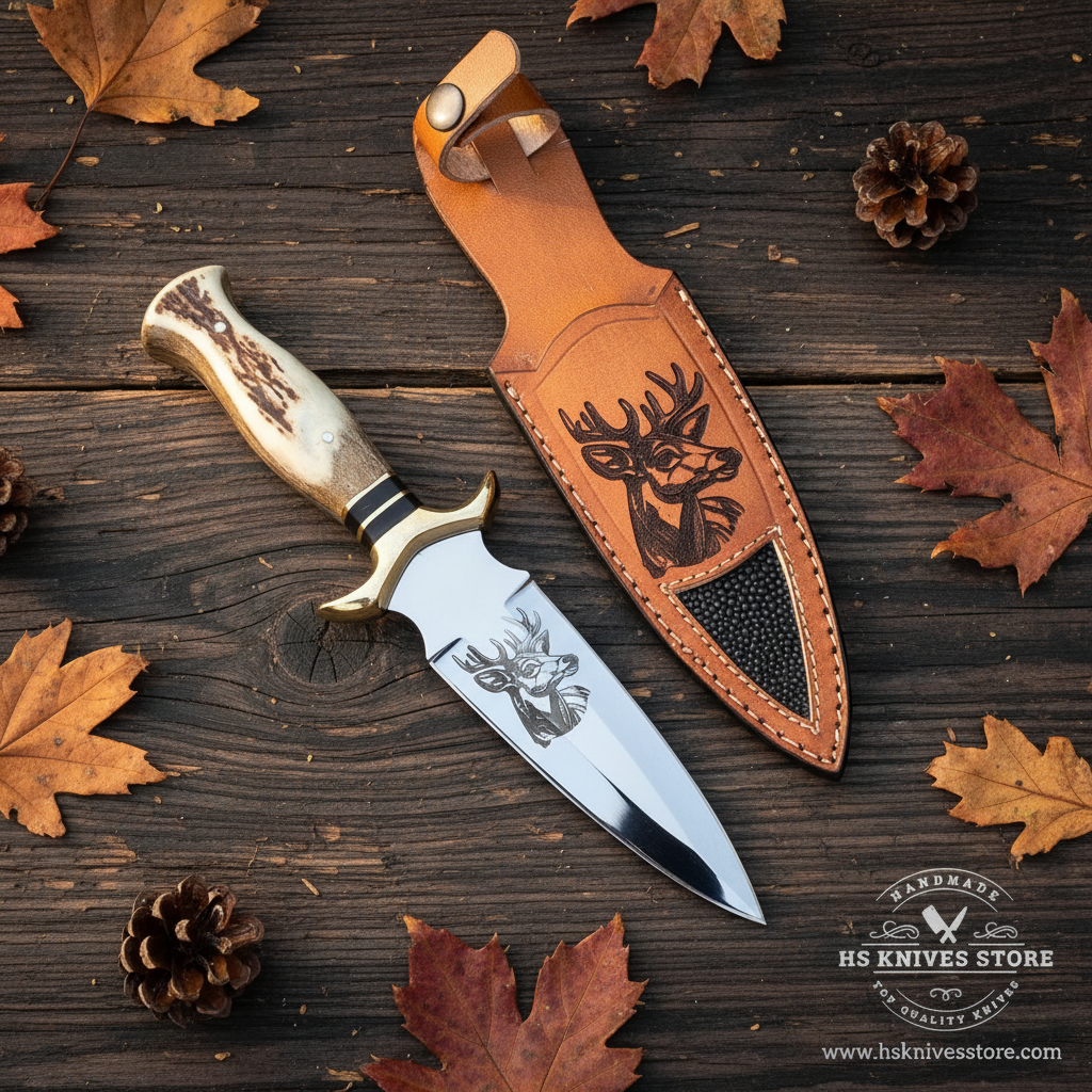 D2 steel dagger knife with stag antler handle and deer tooled leather sheath flat lay on rustic dark wood with autumn leaves