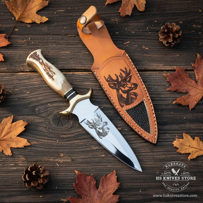D2 steel dagger knife with stag antler handle and deer tooled leather sheath flat lay on rustic dark wood with autumn leaves