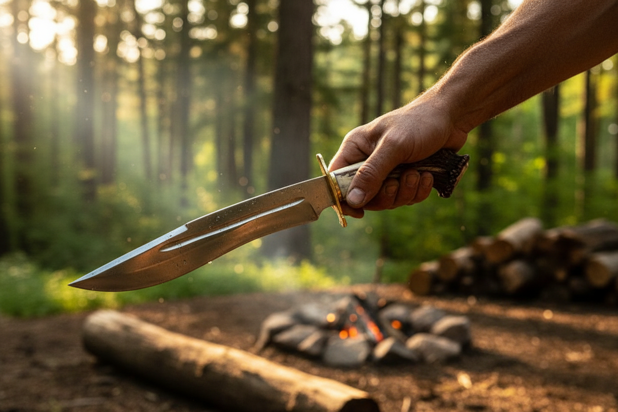 Outdoorsman gripping handmade D2 Bowie knife antler handle in forest