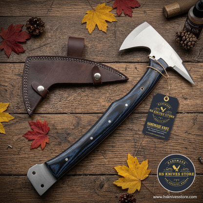 Flat lay carbon steel tomahawk axe blue pakkawood handle HS Knives Store hang tag dark rustic wood autumn leaves
