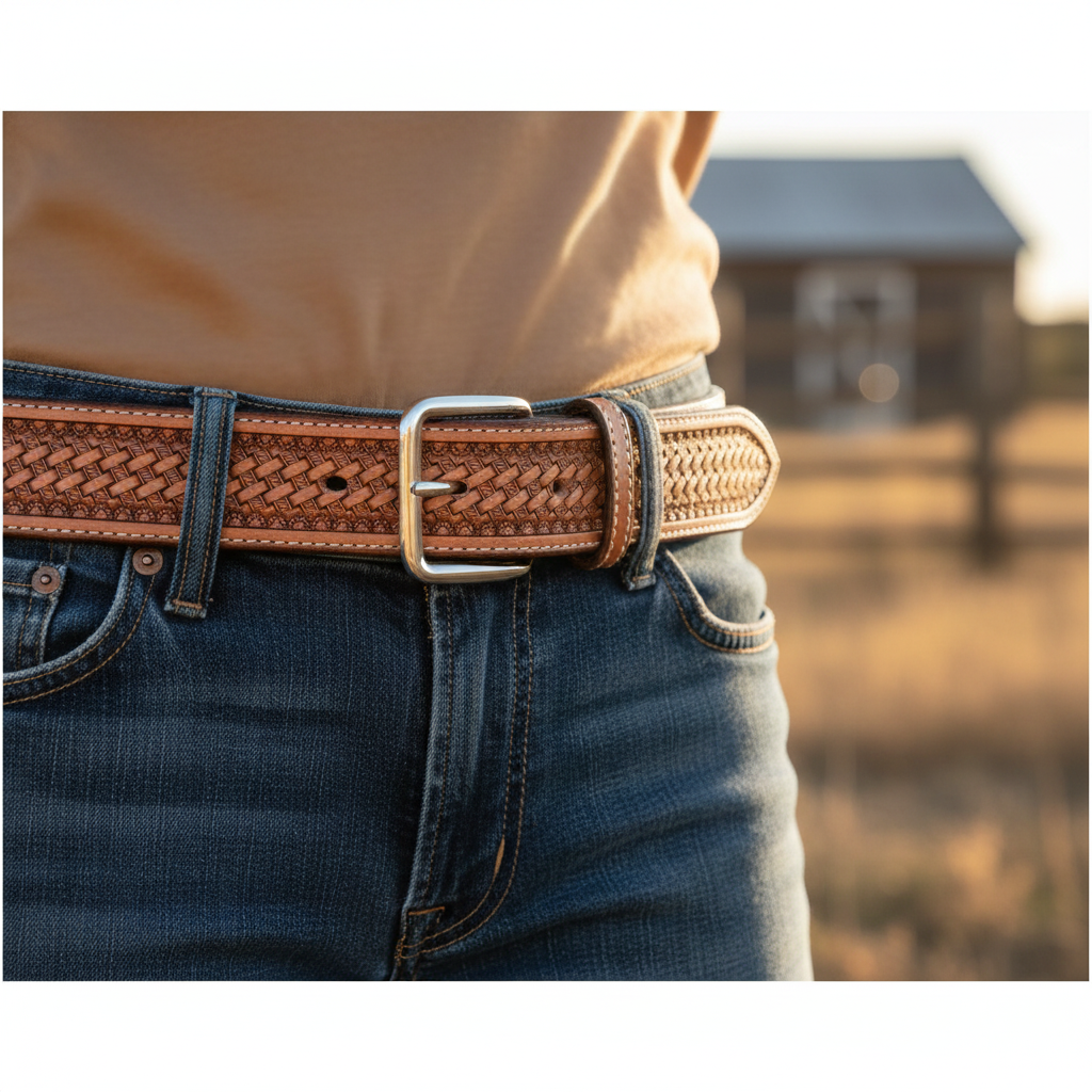 Hand-tooled tan leather western belt worn through dark denim jeans belt loops lifestyle shot