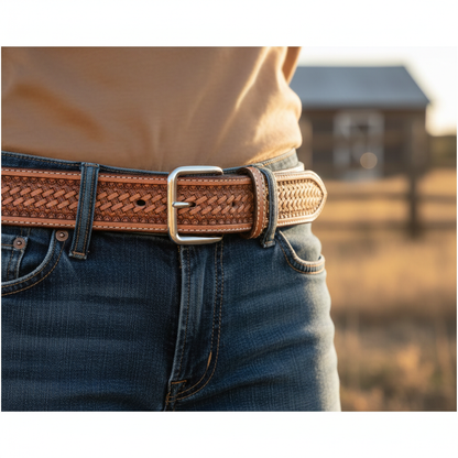 Hand-tooled tan leather western belt worn through dark denim jeans belt loops lifestyle shot