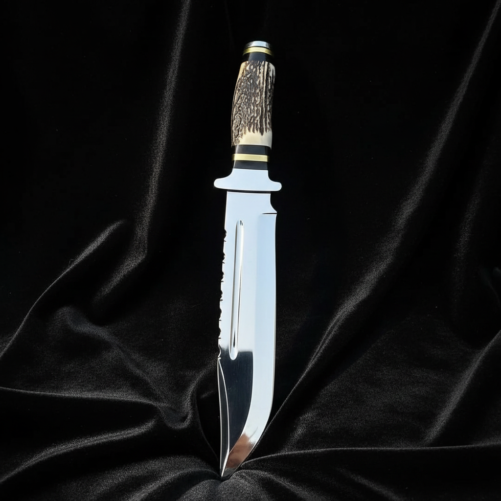 D2 steel Bowie knife with stag antler handle vertical luxury collector display on dark black velvet fabric dramatic side lighting