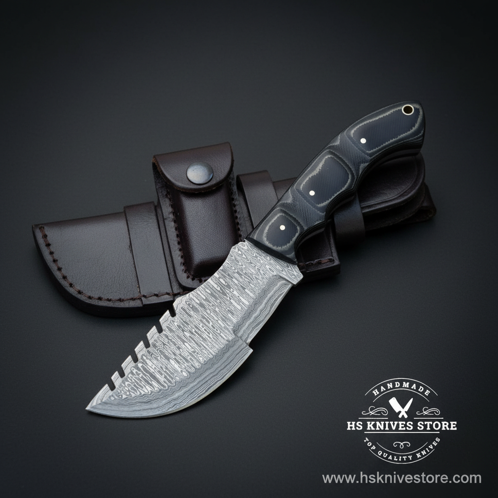 Damascus tracker knife with black Micarta handle and dark leather sheath on dark charcoal background studio shot
