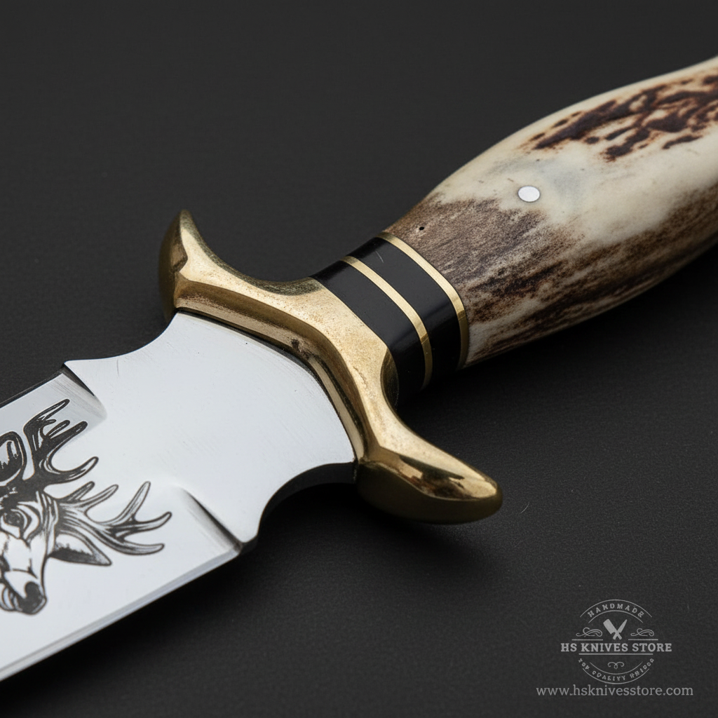 Close-up macro of genuine stag antler handle with brass double guard and black spacers on D2 steel dagger knife