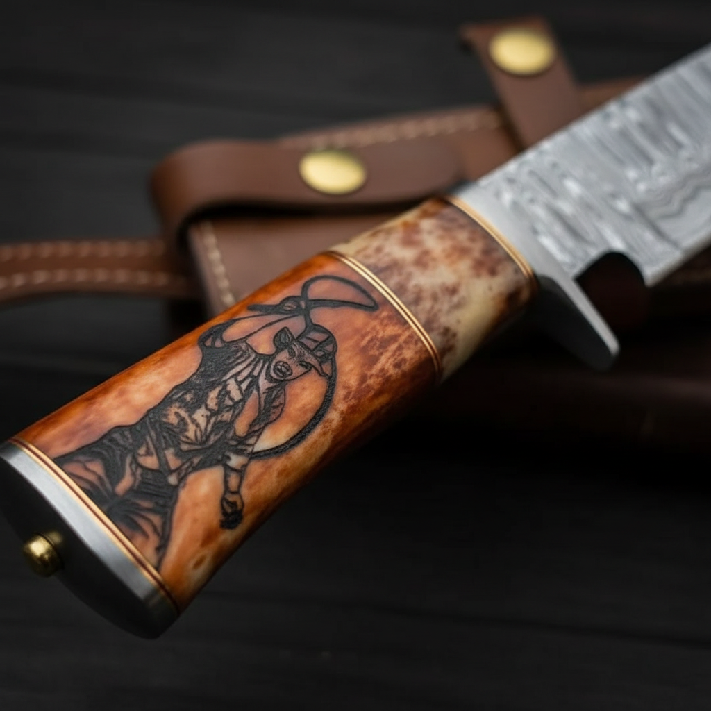 Close-up of colored bone handle with hand engraved stag deer and steel bolster on Damascus Bowie knife