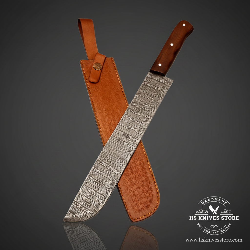 Mirrored rosewood Damascus slicing knife showing wood-grain blade pattern and brass pins