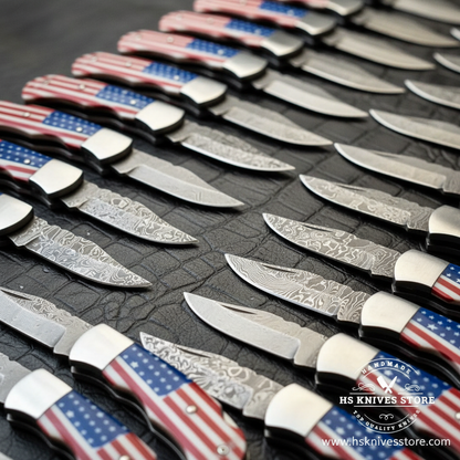 Close-up macro of multiple USA American flag handles side by side showing red white blue stars and stripes pattern and silver rivets