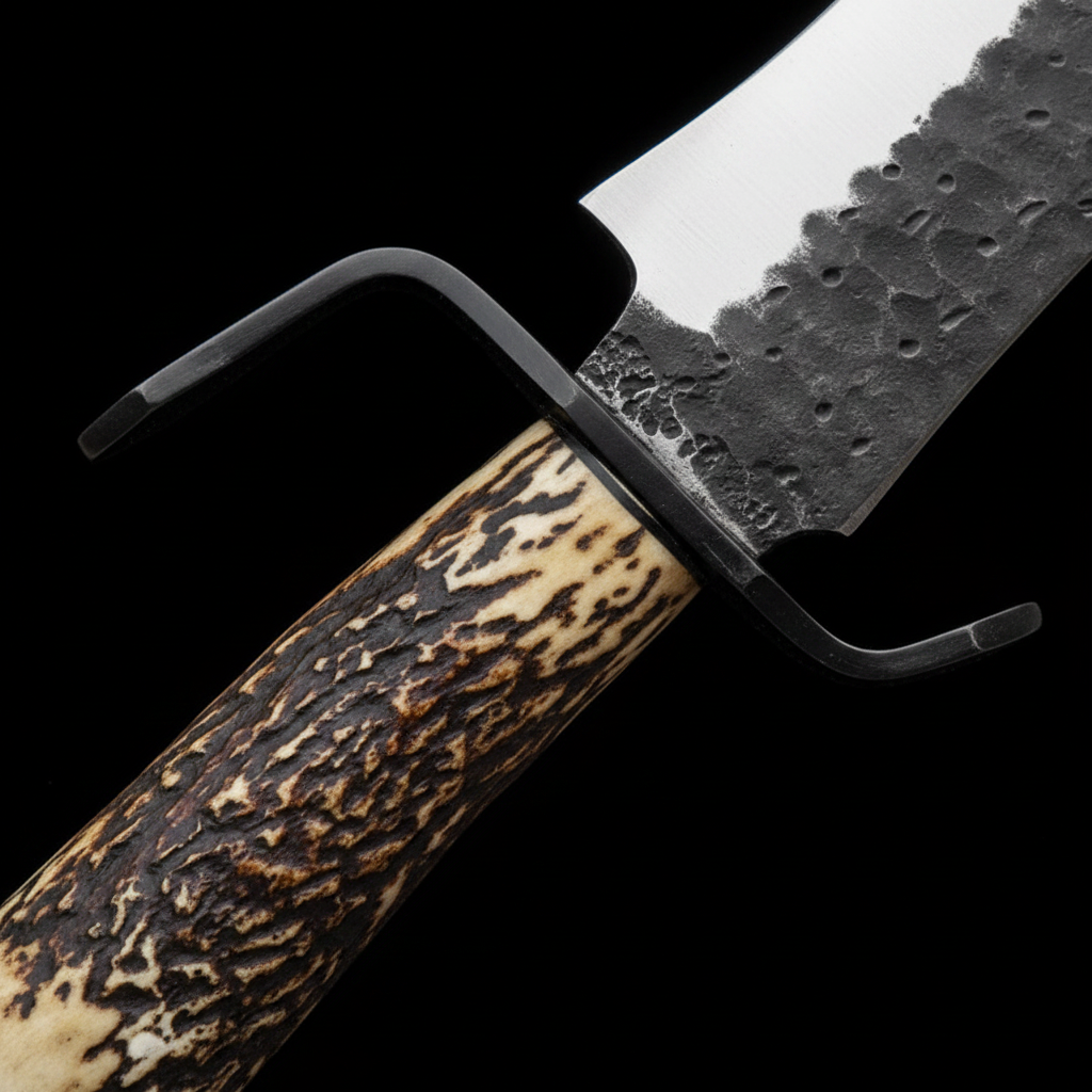 Close up macro shot of natural antler handle and black D-guard on D2 steel Bowie knife showing antler grain texture