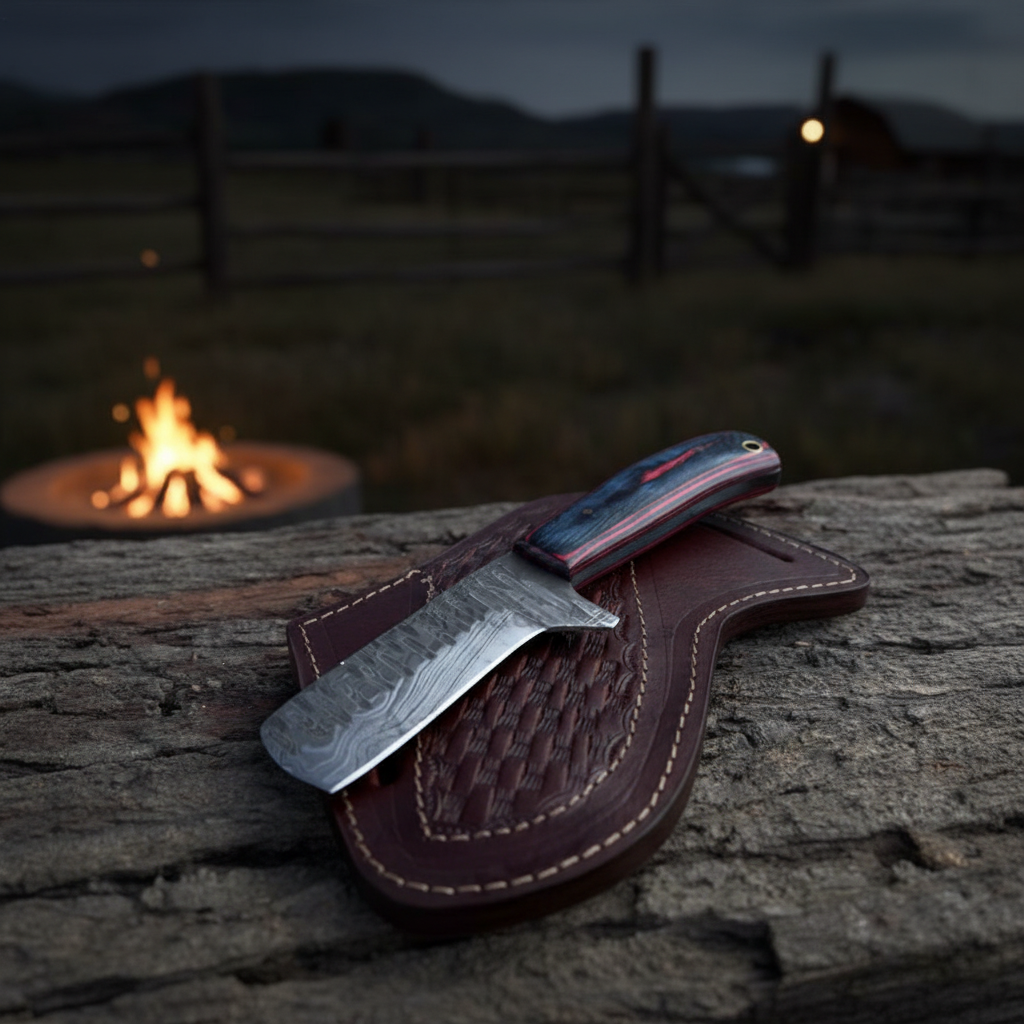 Handmade Damascus cowboy knife and leather sheath on rustic wood near a western campfire