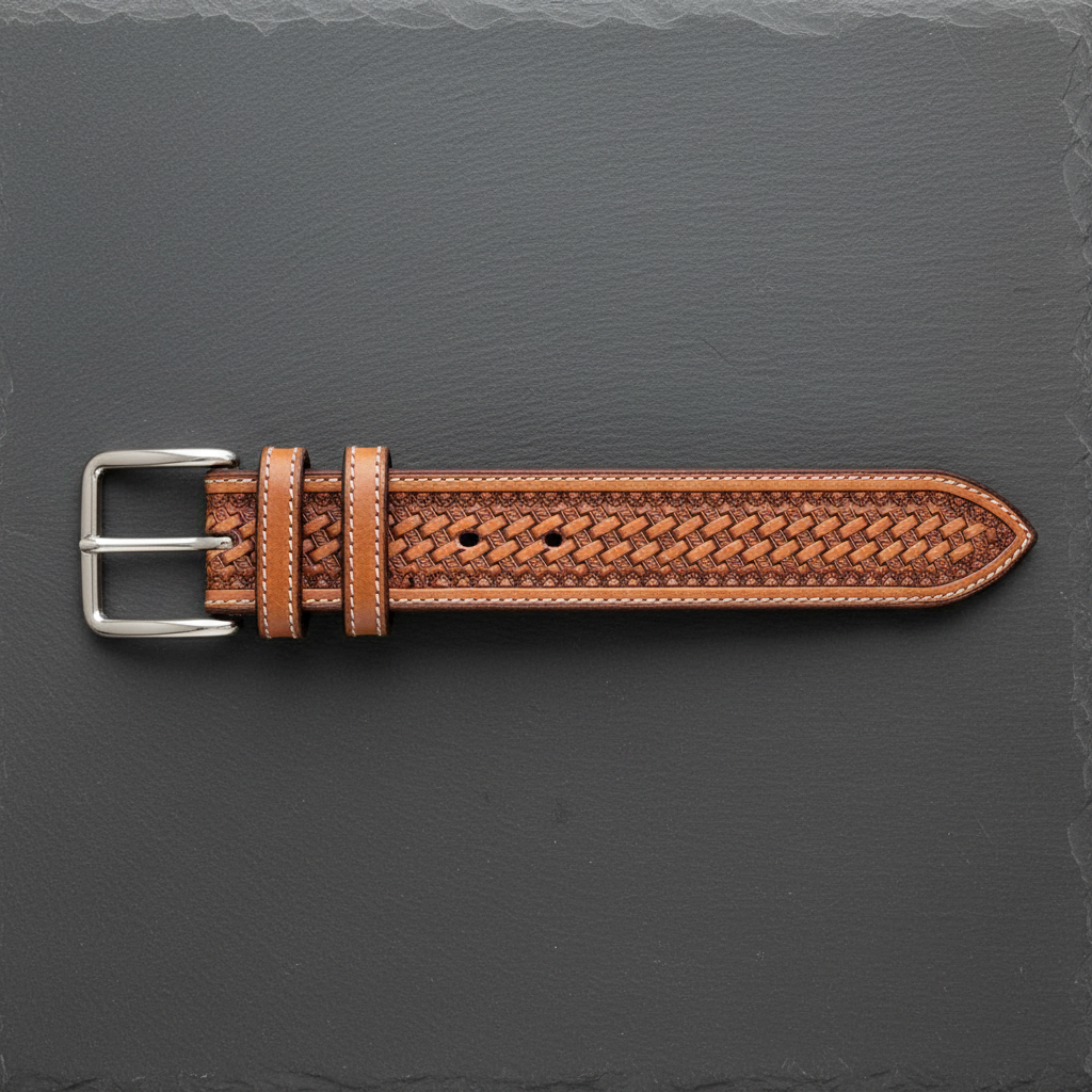 Hand-tooled tan leather western belt flat straight dark grey slate basket weave silver buckle