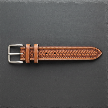 Hand-tooled tan leather western belt flat straight dark grey slate basket weave silver buckle