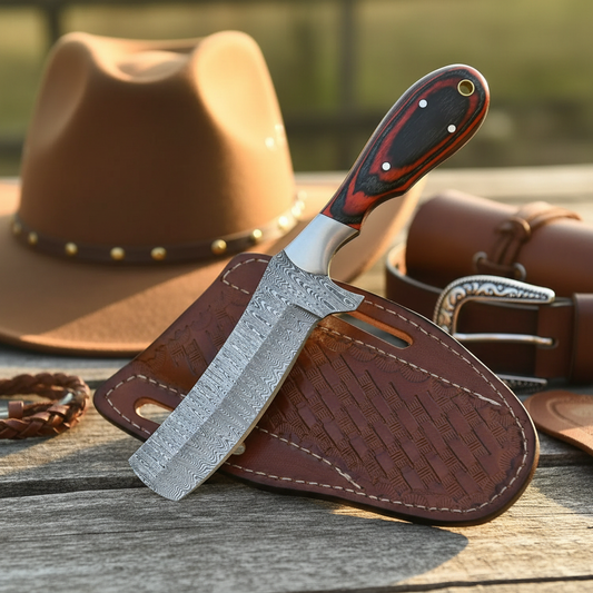 Handmade Damascus bull cutter knife with hardwood handle in a premium western gift display