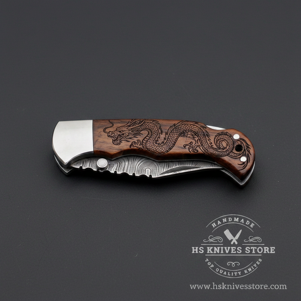 Damascus steel folding pocket knife fully closed showing dragon engraved rosewood handle and polished steel bolster back lock spine