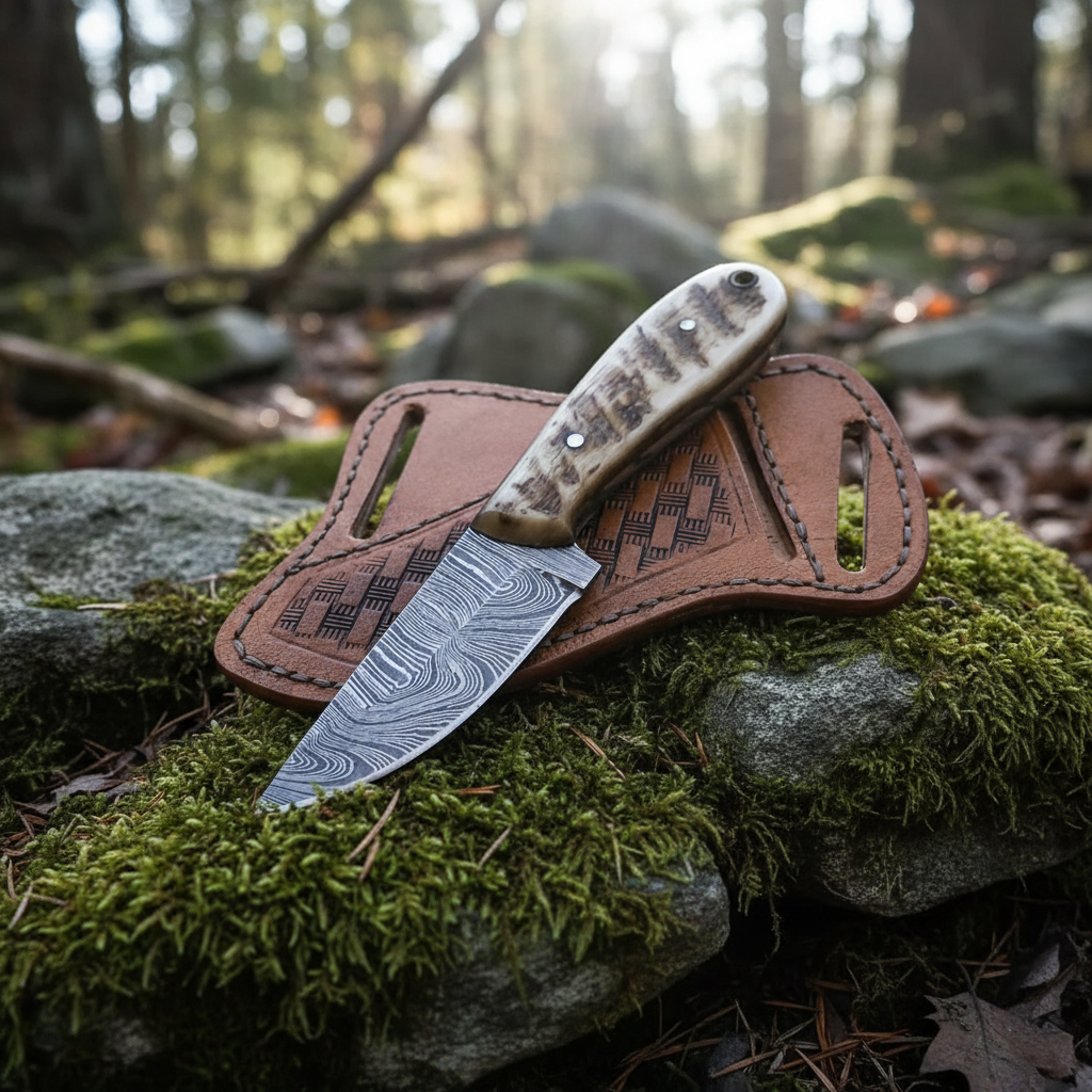 Handmade Damascus skinner knife ram horn handle resting on mossy rocks outdoor forest setting