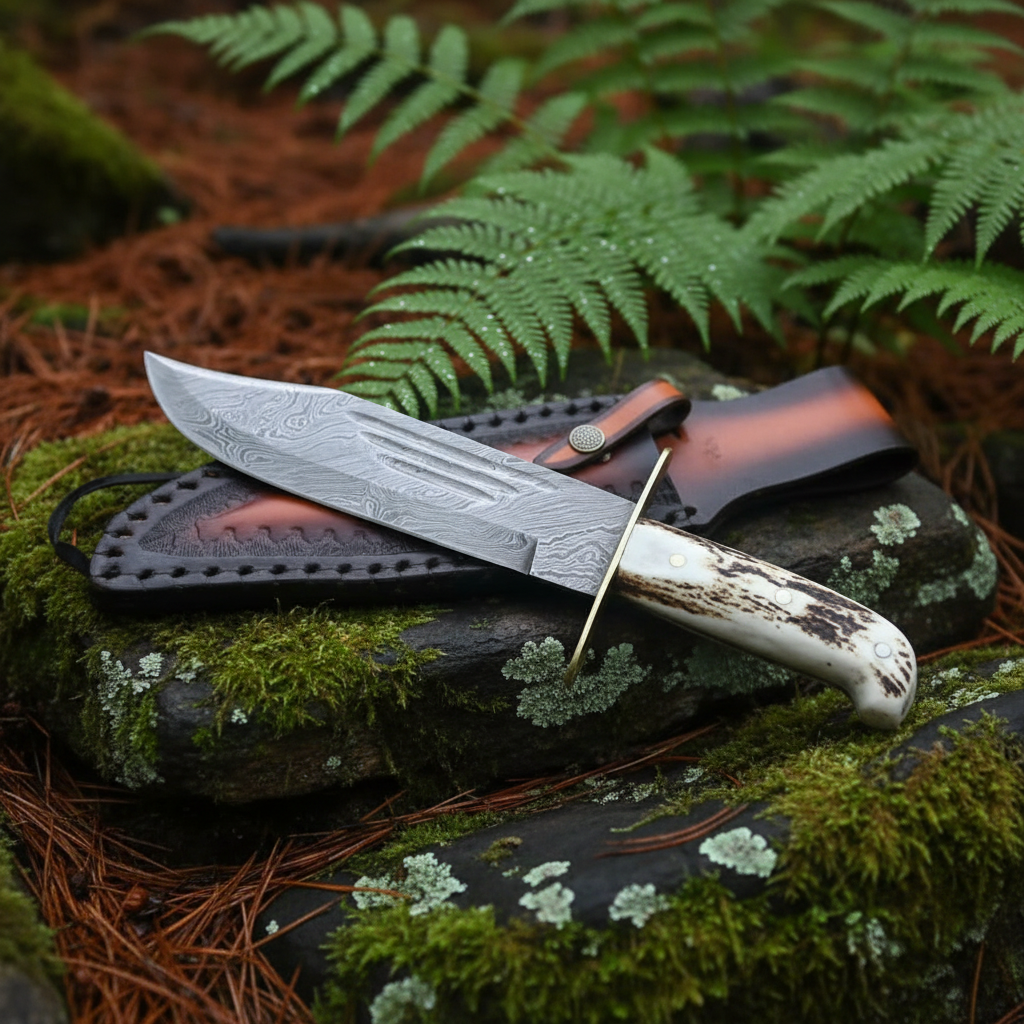 Damascus Bowie knife stag antler handle resting on forest rocks outdoor setting