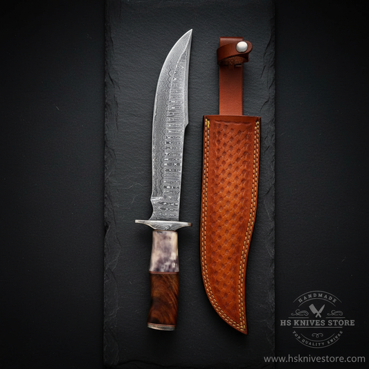 Vertical luxury shot of Damascus Bowie knife colored bone rosewood handle on dark slate background with rust cognac basket weave leather sheath