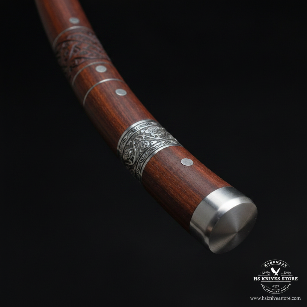 Macro detail of engraved steel collar, rosewood grain, pin inlays, and steel end cap on the spear shaft
