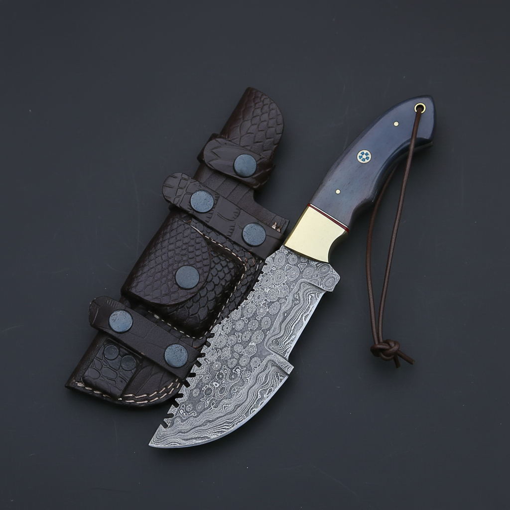 Damascus tracker knife blue colored bone handle brass bolster dark charcoal gray studio mirror left facing