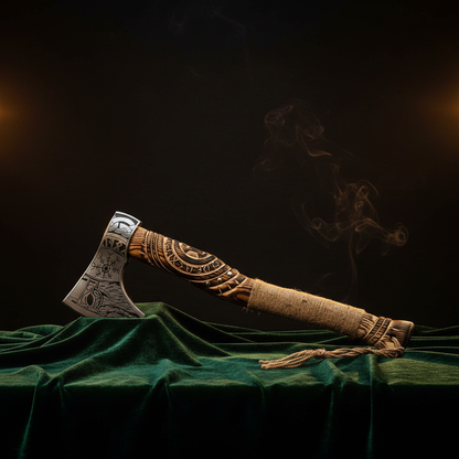 Norse engraved Viking axe displayed on dark velvet surface premium collector display shot
