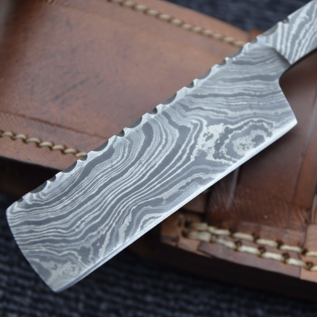 Macro detail of hand-forged Damascus steel blade showing layered pattern on straight razor