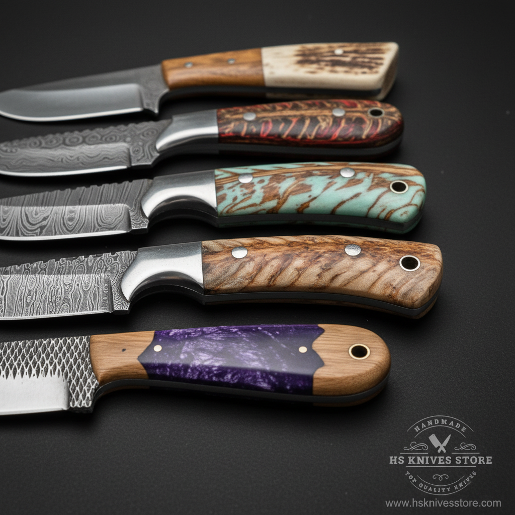 Close-up macro of six different knife handles stag antler resin burl wood turquoise resin olive wood purple resin side by side