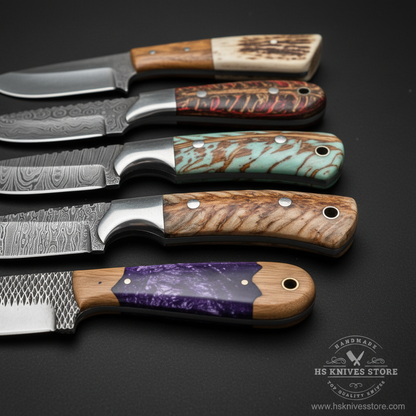 Close-up macro of six different knife handles stag antler resin burl wood turquoise resin olive wood purple resin side by side