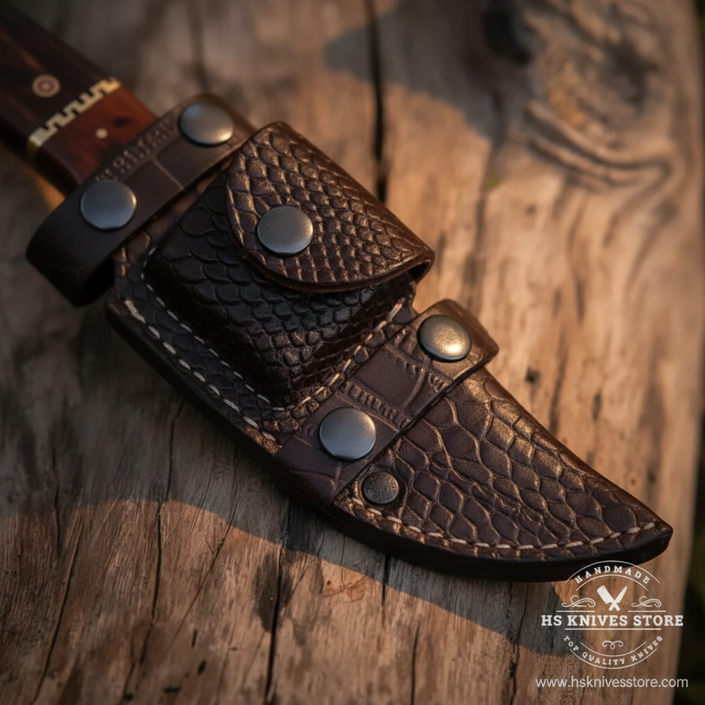Close-up macro of dark brown crocodile texture leather sheath with snap button closures for Damascus tracker knife
