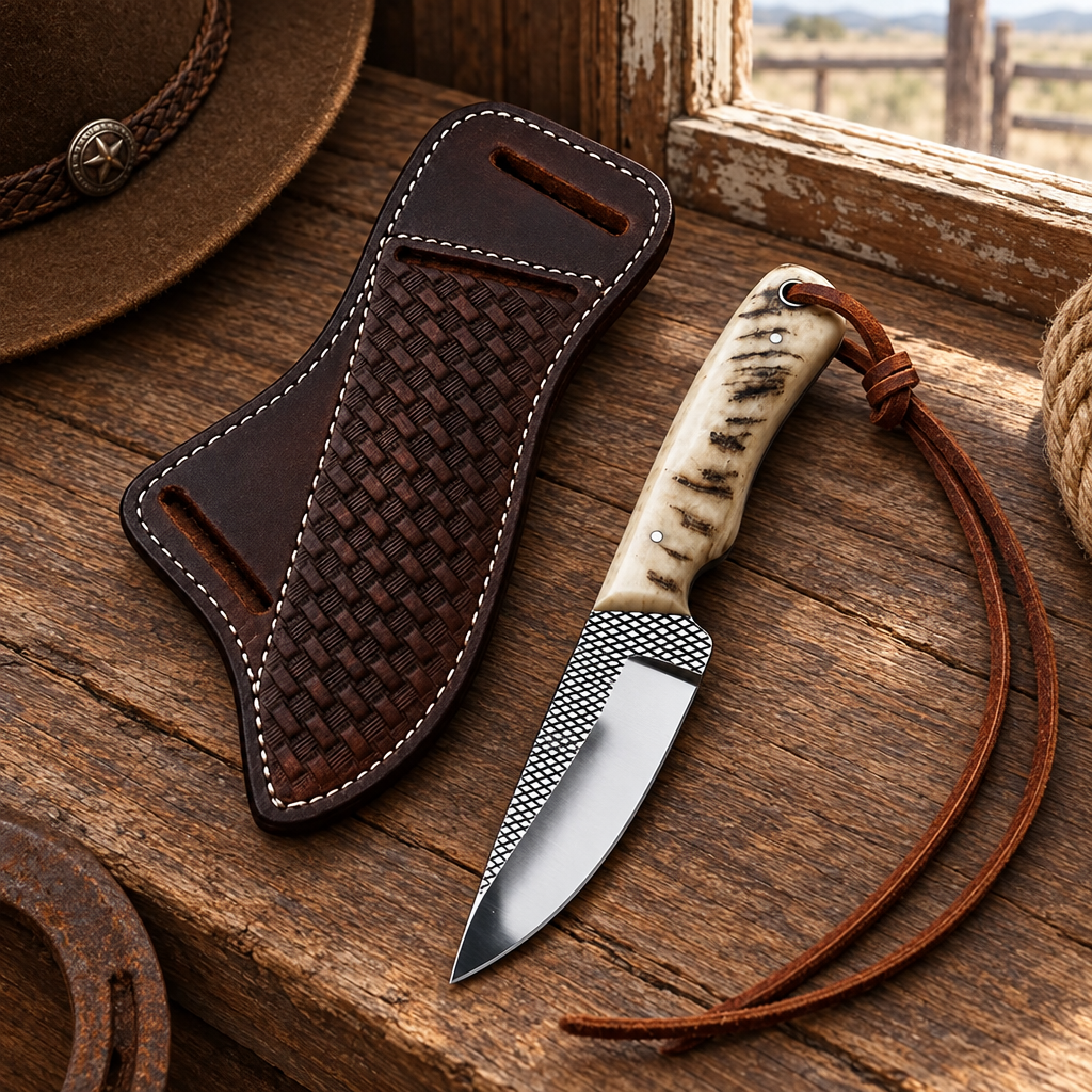 Left ranch angle of 8-inch overall Rasp Steel Skinner knife with ram horn handle