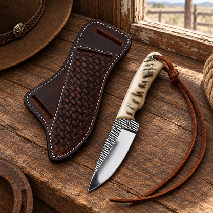 Left ranch angle of 8-inch overall Rasp Steel Skinner knife with ram horn handle