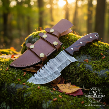 A fixed-blade knife with a patterned steel blade and dark wood handle rests on a mossy log outdoors, next to a brown leather sheath with brass-tone snaps. The background is a blurred forest scene with warm sunlight.
