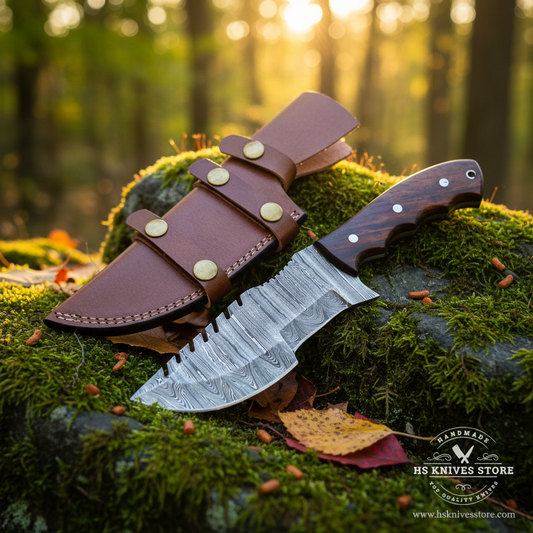 A fixed-blade knife with a patterned steel blade and dark wood handle rests on a mossy log outdoors, next to a brown leather sheath with brass-tone snaps. The background is a blurred forest scene with warm sunlight.