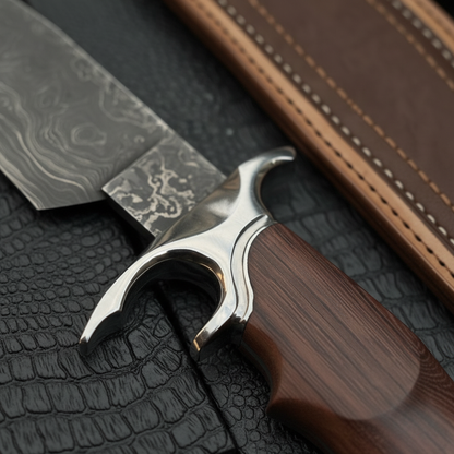 Extreme close up macro shot of rosewood handle and crescent hawk-bill steel guard on Damascus Bowie knife showing rich wood grain and polished guard