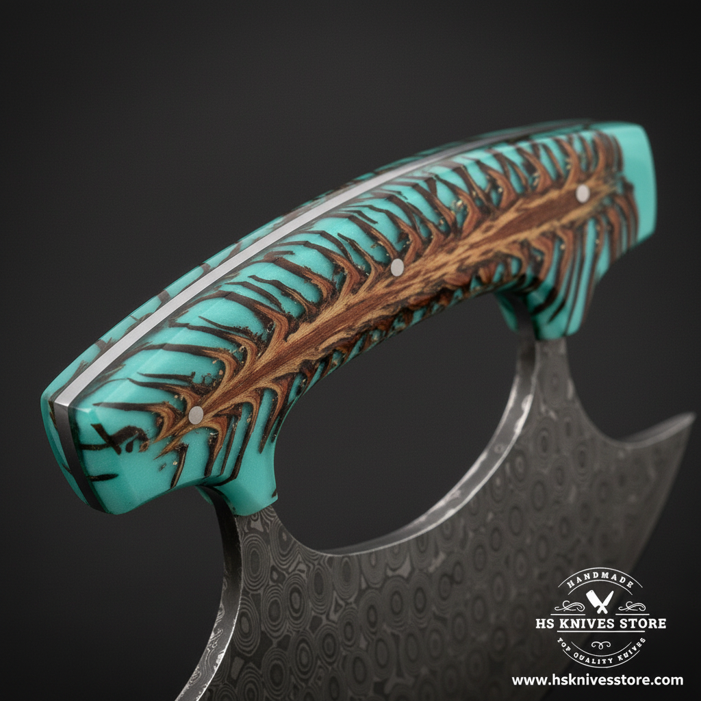Macro view of stabilized pine cone teal resin handle with natural pine cone scales visible through resin and open finger loop on Damascus ulu knife