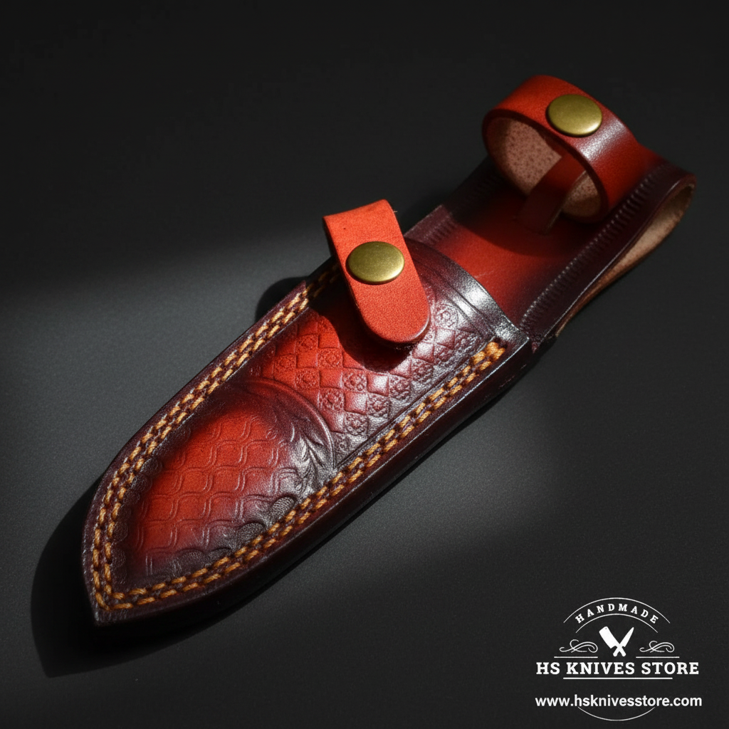 Close-up of dark burgundy wine red leather knife sheath with embossed pattern and bright red orange belt loop panel and brass snap button