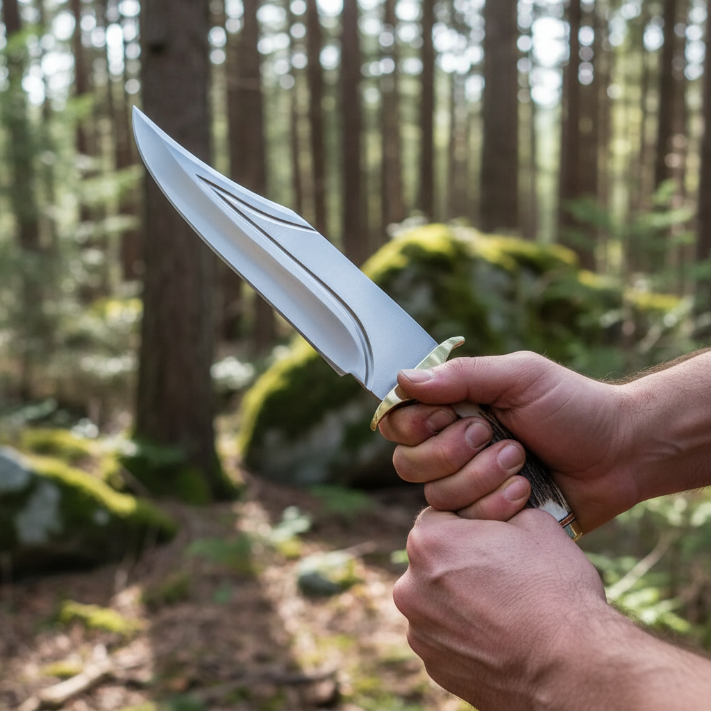 Hands gripping handmade D2 steel Bowie knife stag antler handle outdoor forest action shot