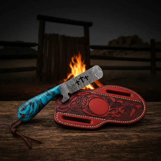 Reverse view of a cross wire Damascus Bull Cutter Knife near a western campfire