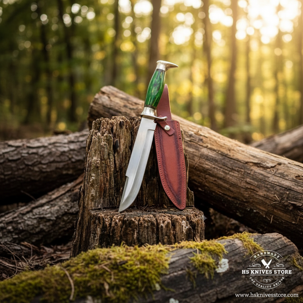 D2 steel Bowie knife green pakkawood handle resting on mossy rocks in outdoor forest setting with tan leather sheath golden sunlight