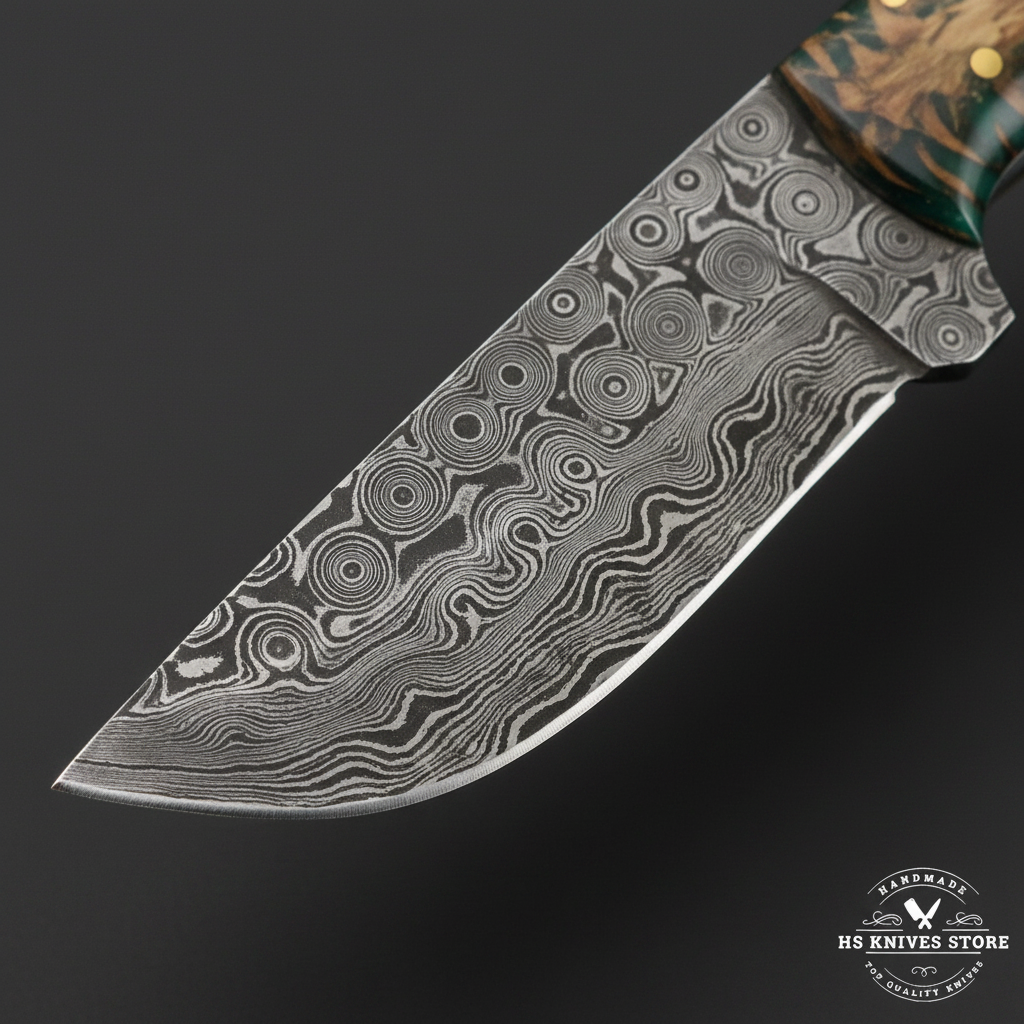 Close-up macro of Damascus steel skinner knife blade showing mixed wavy circular paisley swirl Damascus pattern and polished cutting edge