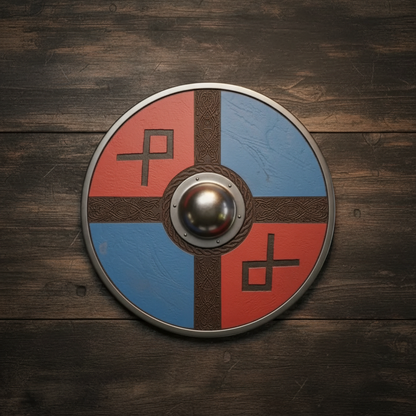 Exact red and blue painted Viking shield with carved Nordic bands shown flat from above