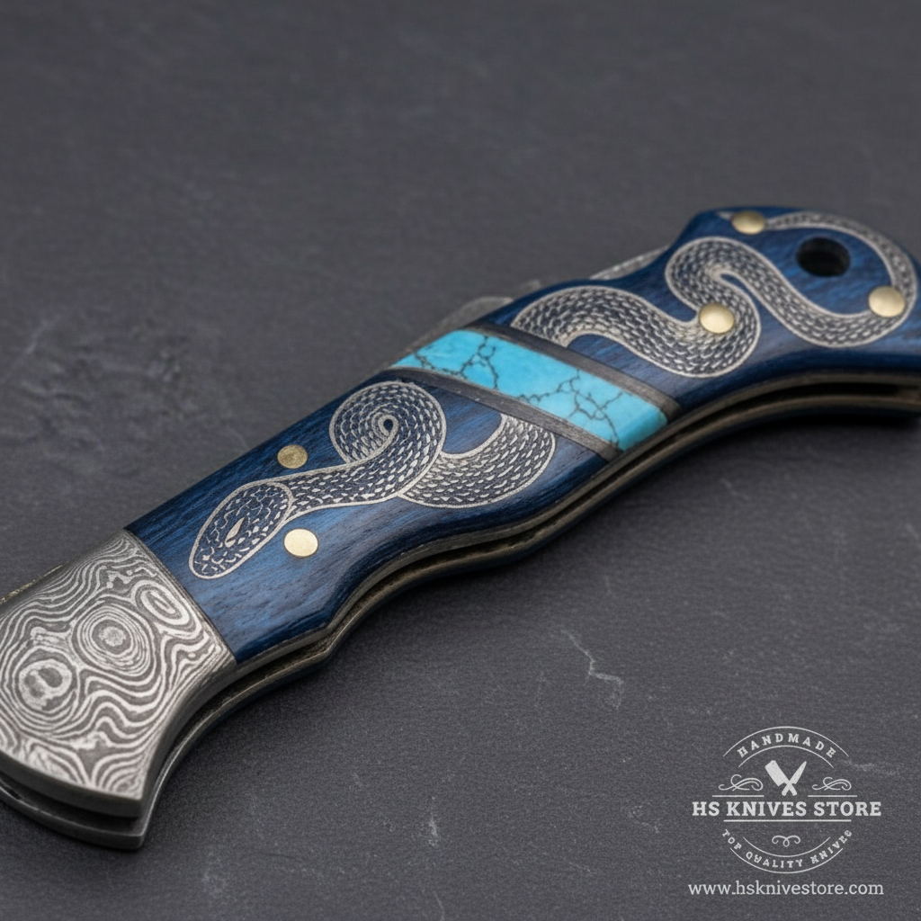 Close-up macro of blue wood handle with hand-engraved silver coiled snake artwork turquoise stone inlay strip and brass dot rivets on Damascus folding knife