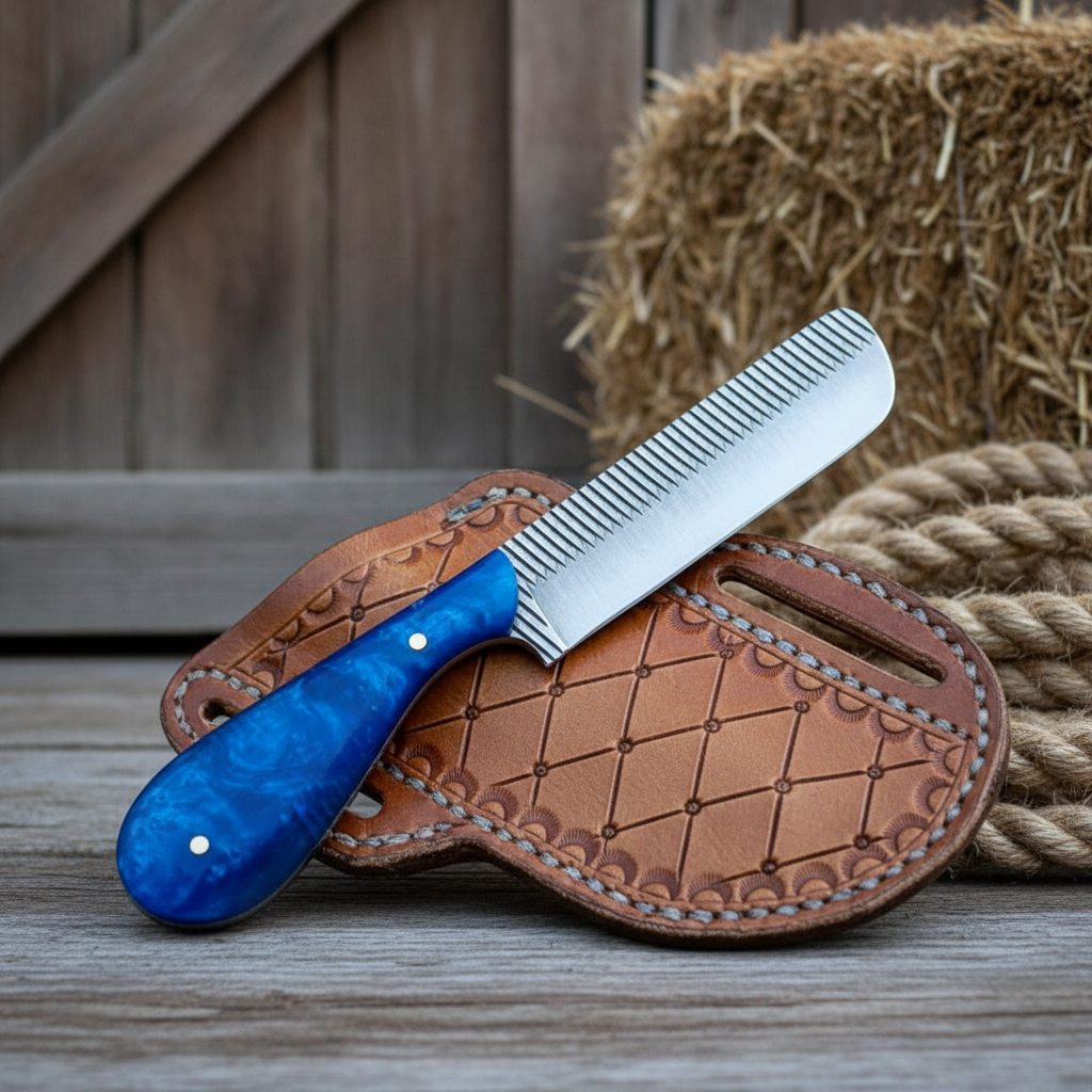 Left-side view of an 8.25-inch Mastercraft Custom Bull Cutter Knife with blue epoxy resin handle in a cowboy barn setting