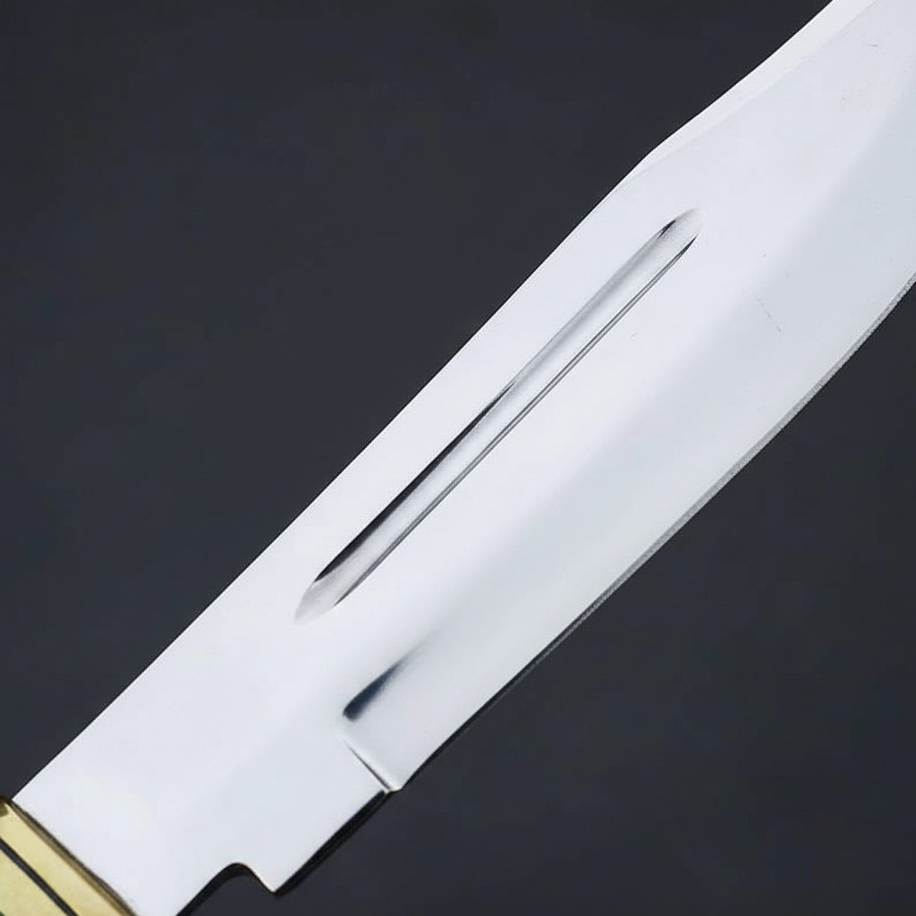 D2 steel blade close-up showing mirror polish finish, clip point profile and blood groove fuller detail