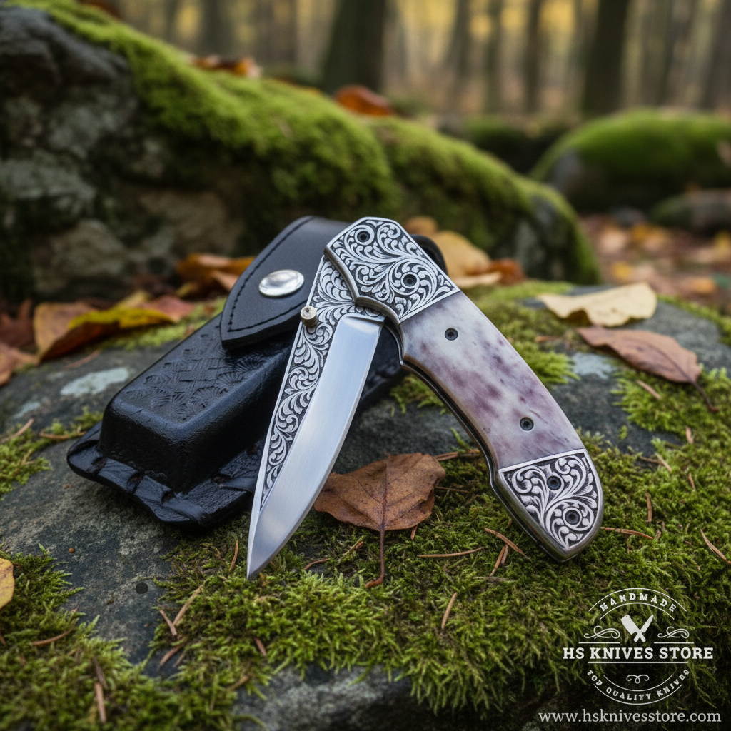 Camel bone handle folding knife open blade resting on mossy rocks in outdoor forest setting with black leather sheath