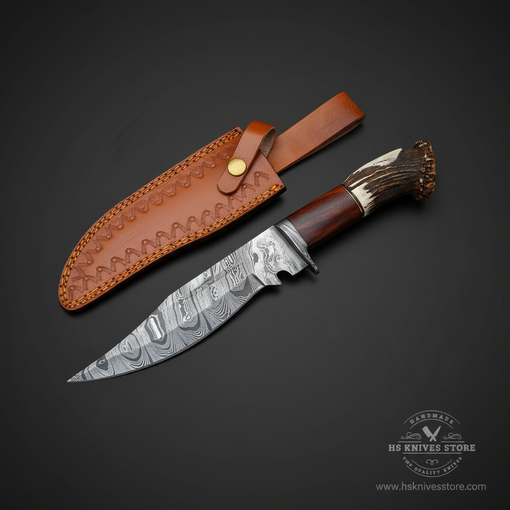 Damascus steel Bowie knife stag crown rosewood handle Damascus bolster tan tooled leather sheath dark charcoal studio right