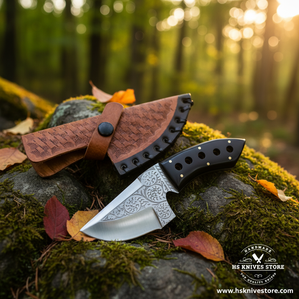 J2 steel skinner knife with black resin handle and tan basket weave leather sheath on mossy rocks in forest setting